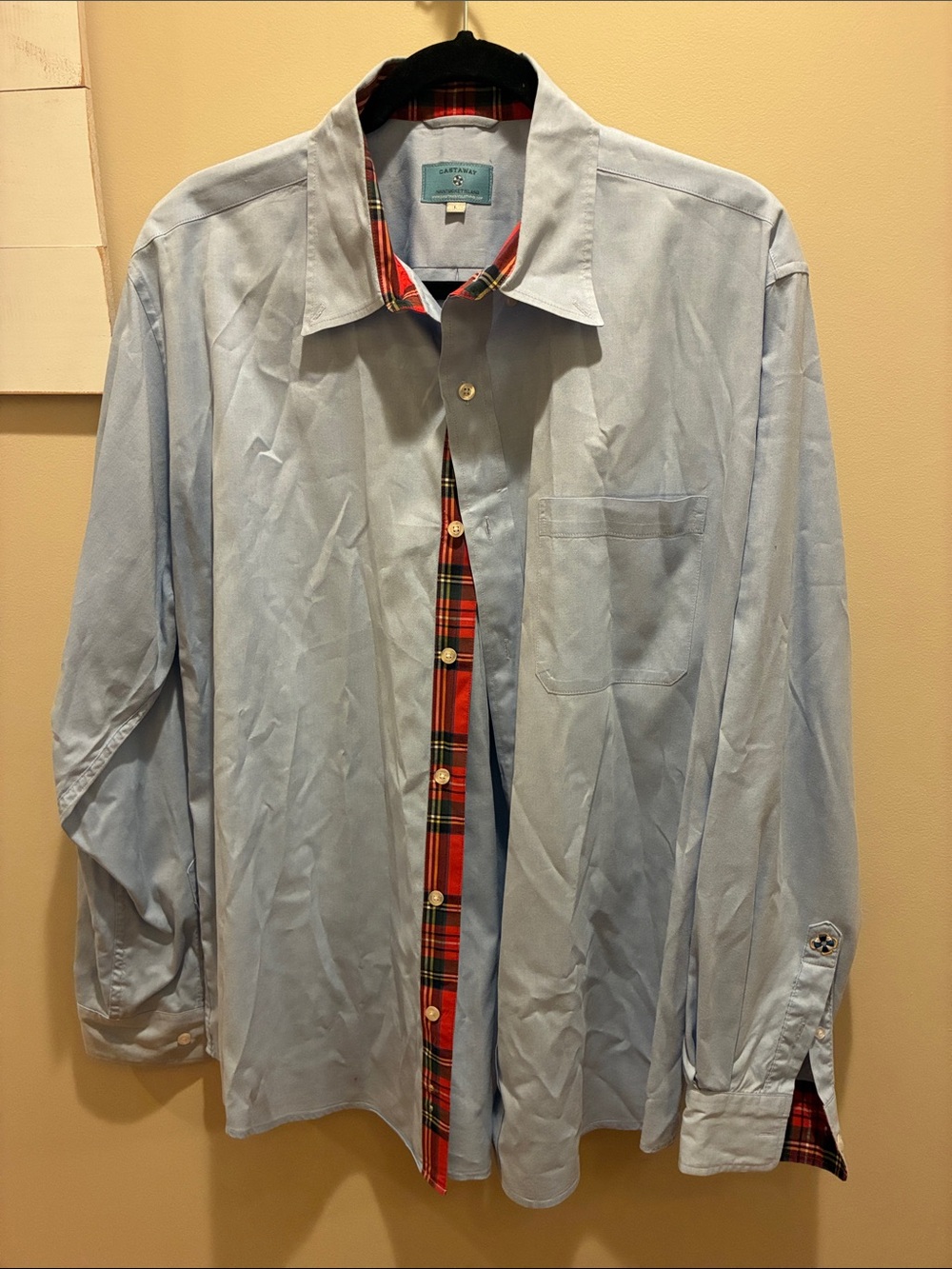 Castaway Light Blue Button-Down Shirt with Red Plaid Trim